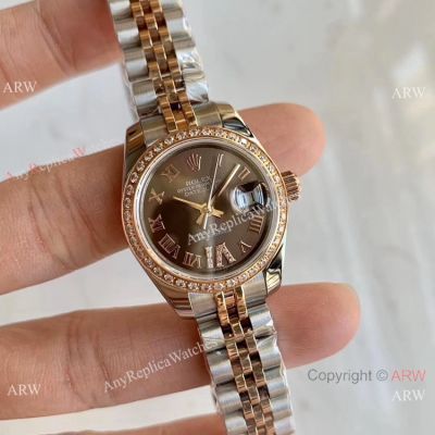 Replica Diamond Rolex Jubilee Rose Gold Datejust Watch Brown Dial 32mm